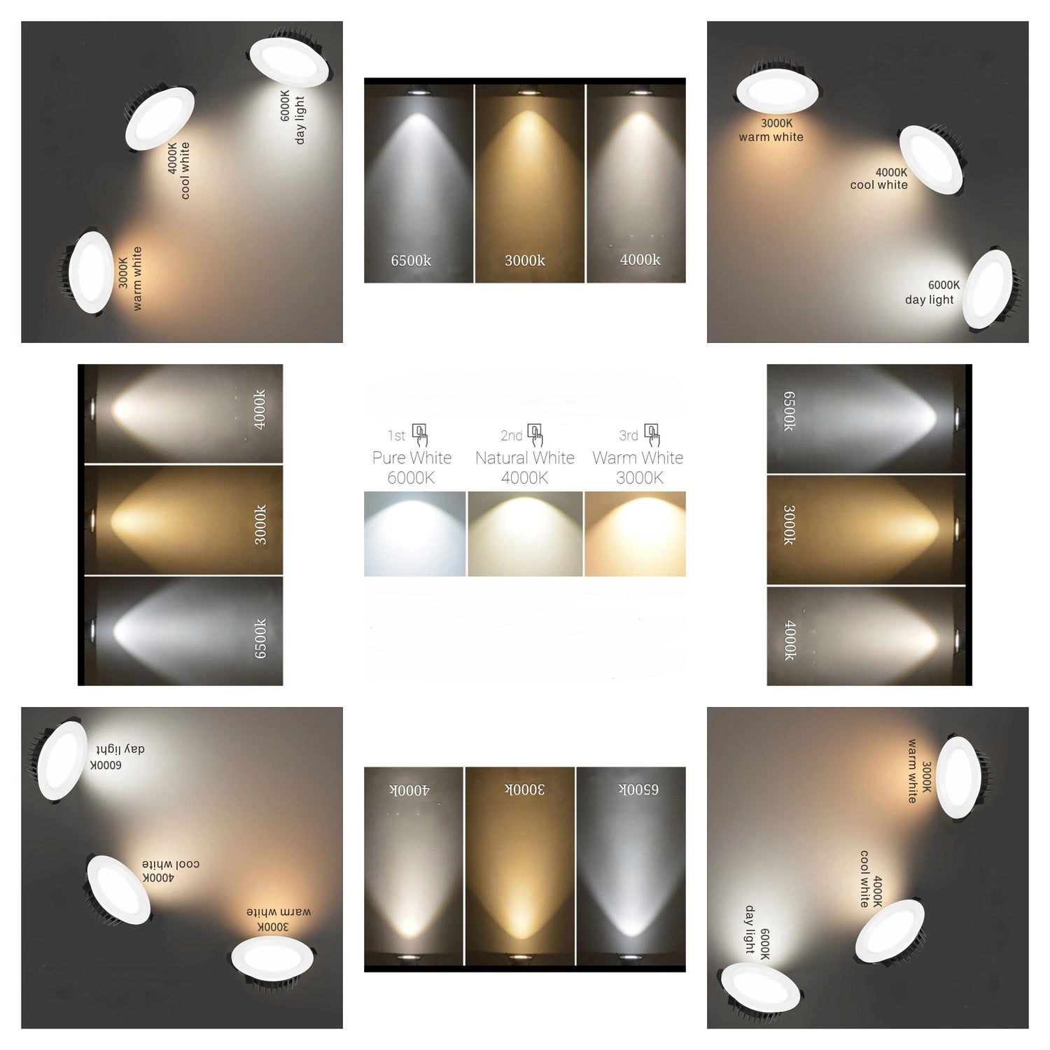 Tri-color LED lighting showing warm white cool white and daylight modes for versatile lighting options
