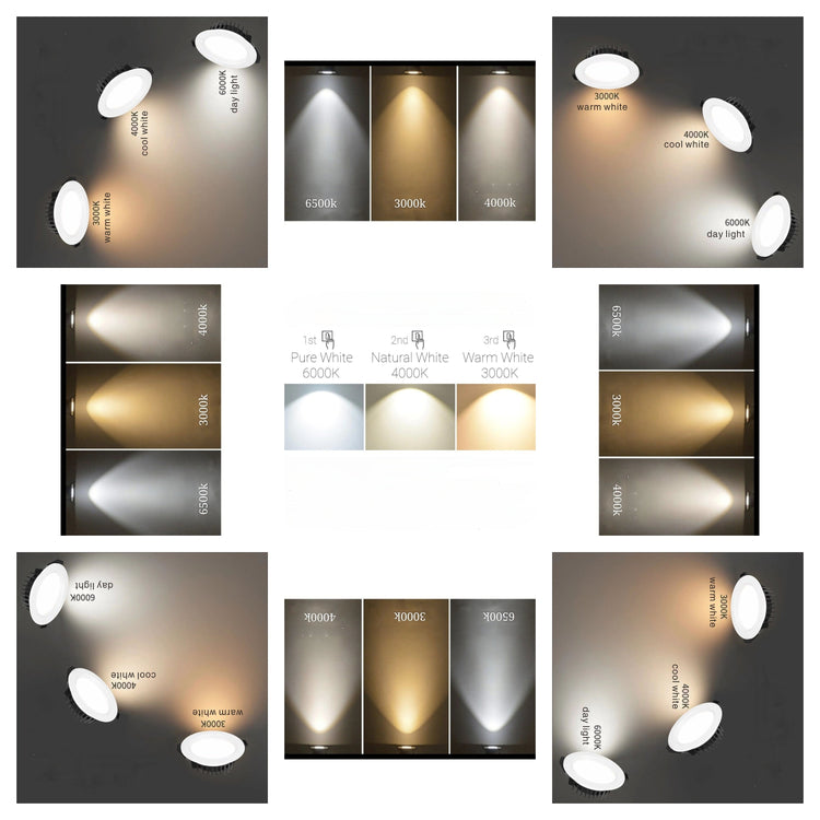 Tri-color LED lighting showing warm white cool white and daylight modes for versatile lighting options