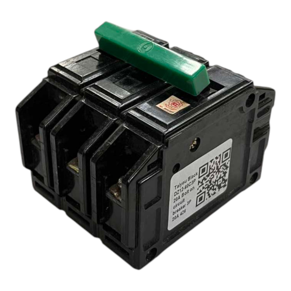 A 2-pole marine circuit breaker with a black plastic housing and a green handle, featuring a white product label with a QR code.