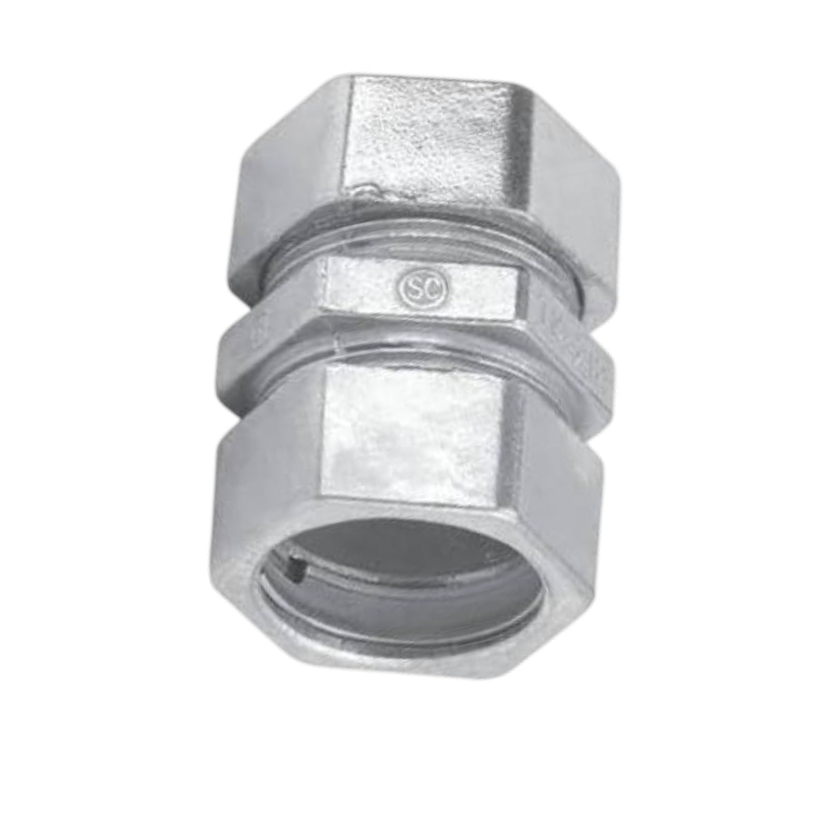 A galvanized metal hexagonal cable connector with a threaded joint, shown on a plain white background.