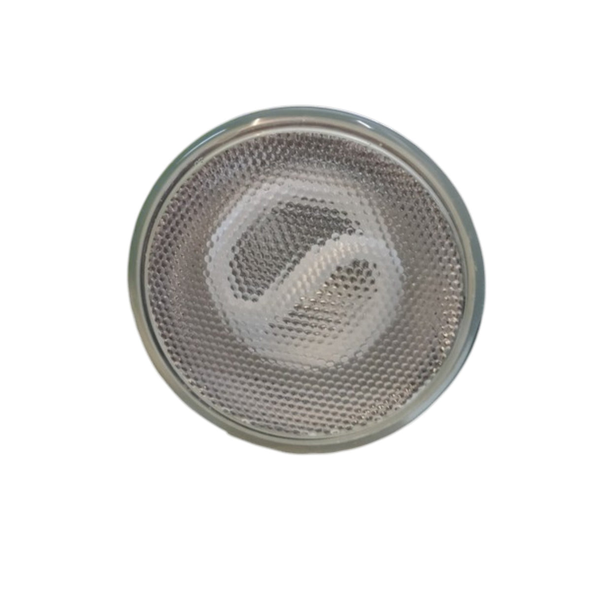 A round automotive LED headlight reflector lens with a textured silver surface and a clear outer rim, isolated on a white background.
