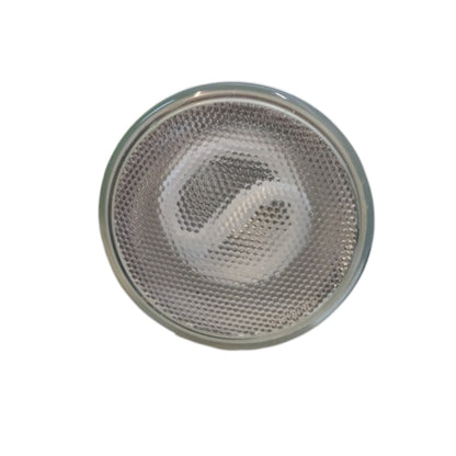 A round automotive LED headlight reflector lens with a textured silver surface and a clear outer rim, isolated on a white background.