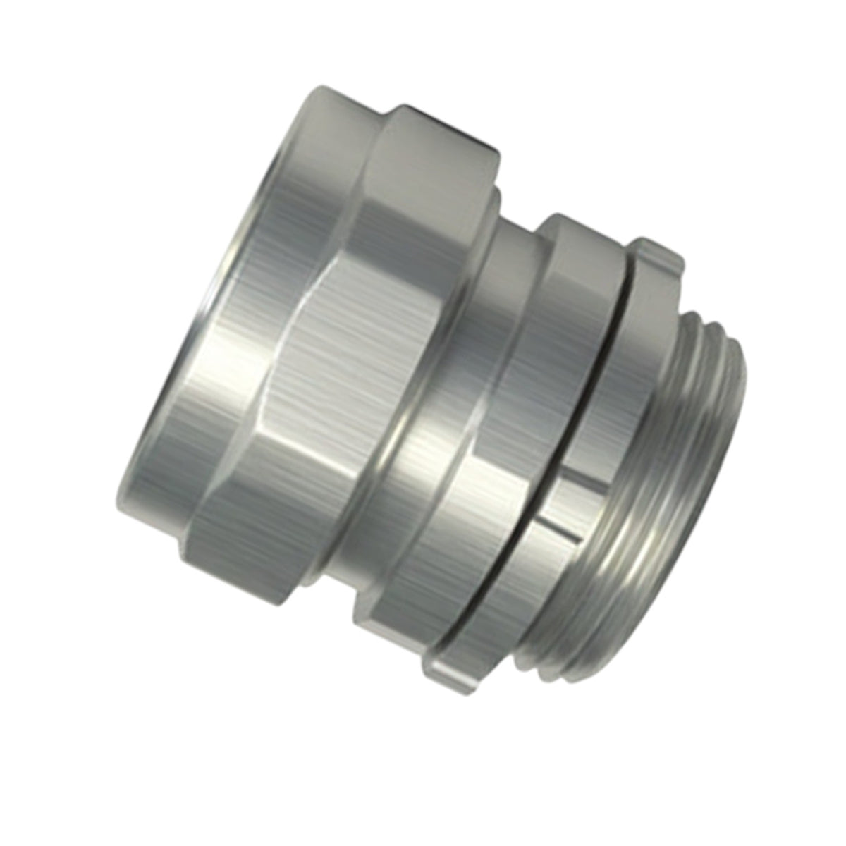 A metallic silver threaded connector fitting with a brushed and machined finish, shown on a plain white background.