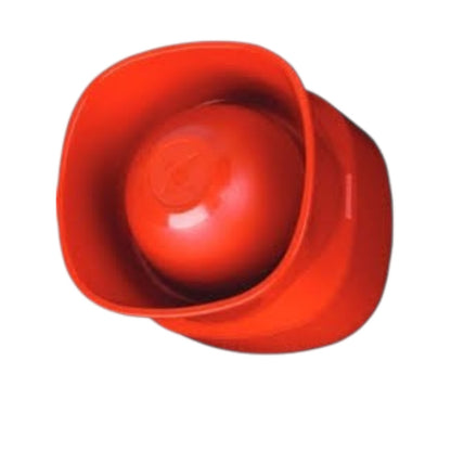 A bright red plastic bell or alarm device with a rounded dome center, shown on a plain white background.