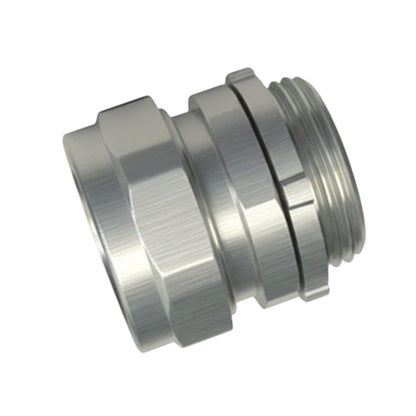 A metallic silver metal pipe connector with a hexagonal body and threaded end, shown on a plain white background.