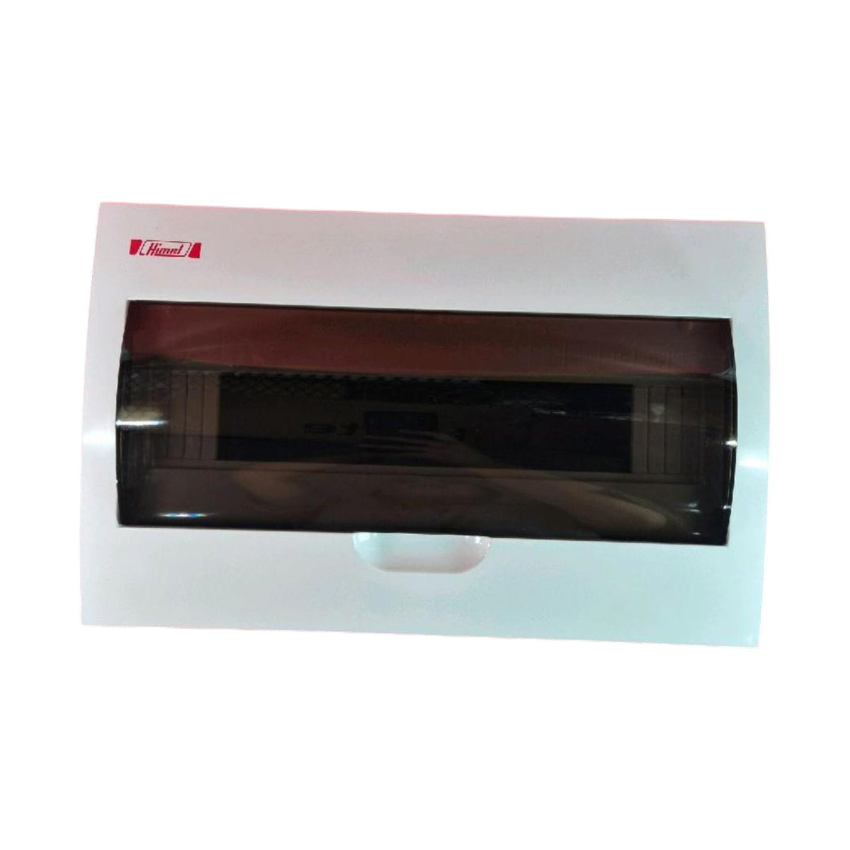 A white electrical distribution board cover with a central dark transparent window and a small red logo label in the upper left corner, shown on a plain white background.