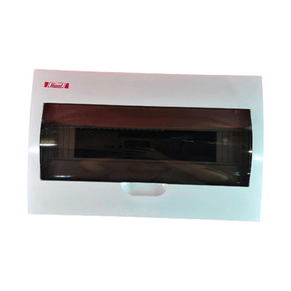 A white electrical distribution board cover with a central dark transparent window and a small red logo label in the upper left corner, shown on a plain white background.