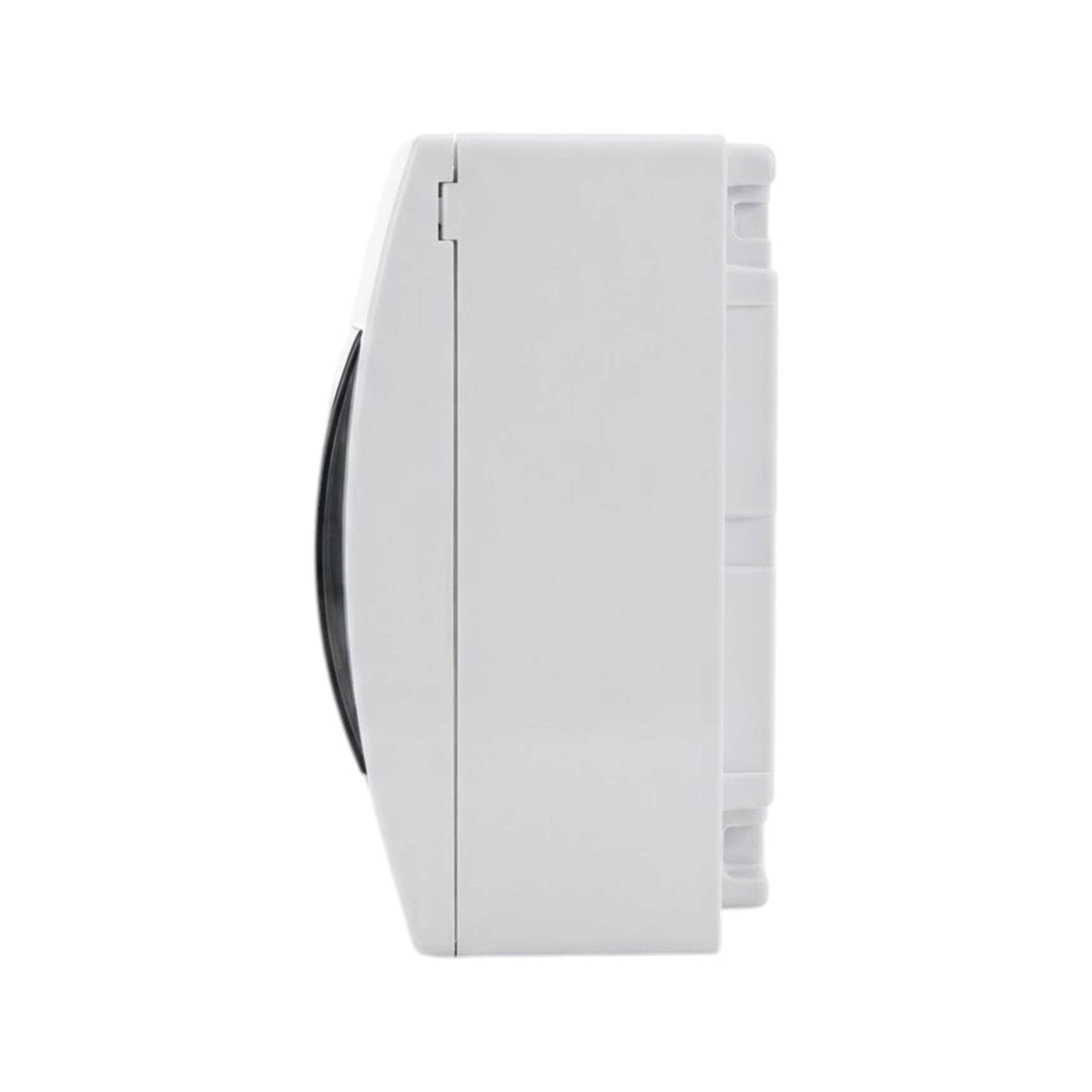 A white wall-mounted washing machine control panel or dispenser unit shown in a side profile view against a plain white background.