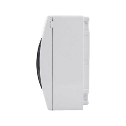 A white wall-mounted washing machine control panel or dispenser unit shown in a side profile view against a plain white background.