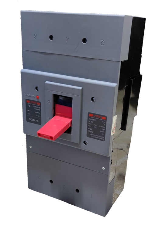Himel 1000A Industrial Circuit Breaker 3 Pole with red switch handle and gray casing