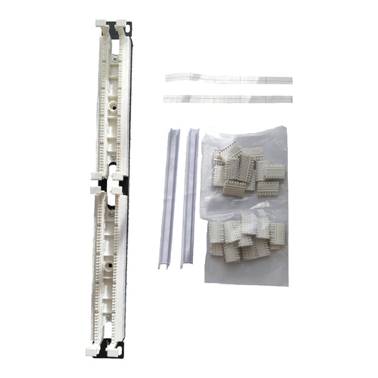 White plastic modular strip connectors shown with several long white strips, two short white strips, and a clear plastic bag filled with small white connector pieces on a plain white background.