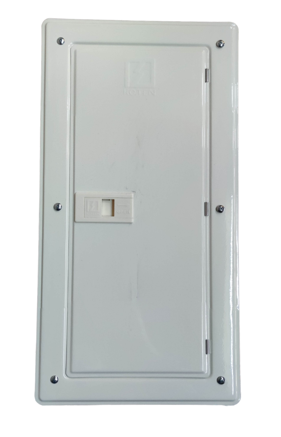 White 100A 2 pole panel board electrical circuitry part with hinged cover and latch