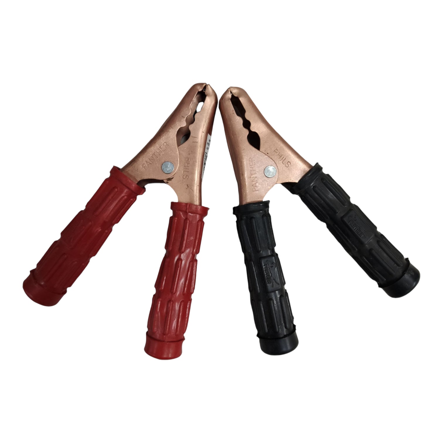 Panther 100A battery clips copper pair with red and black rubber handles for secure connections