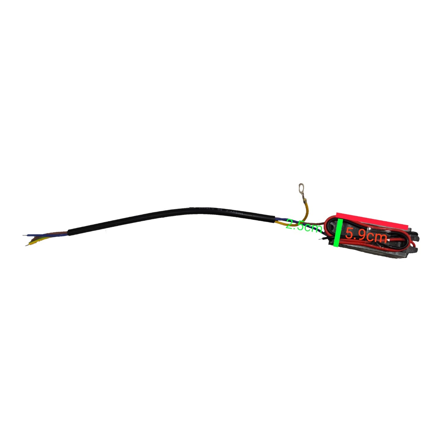 A small electronic control module with a black cable, multicolored wire leads, and a red casing, shown on a plain white background.