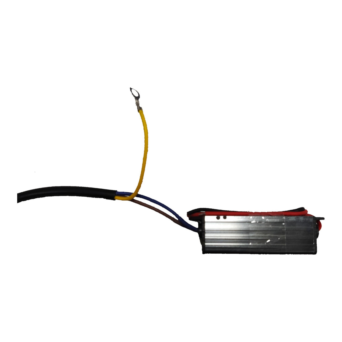 A silver aluminum electronic controller or motor driver with attached wires, including a prominent yellow wire with a ring terminal, a black cable, and red and blue wires, shown on a plain white background.