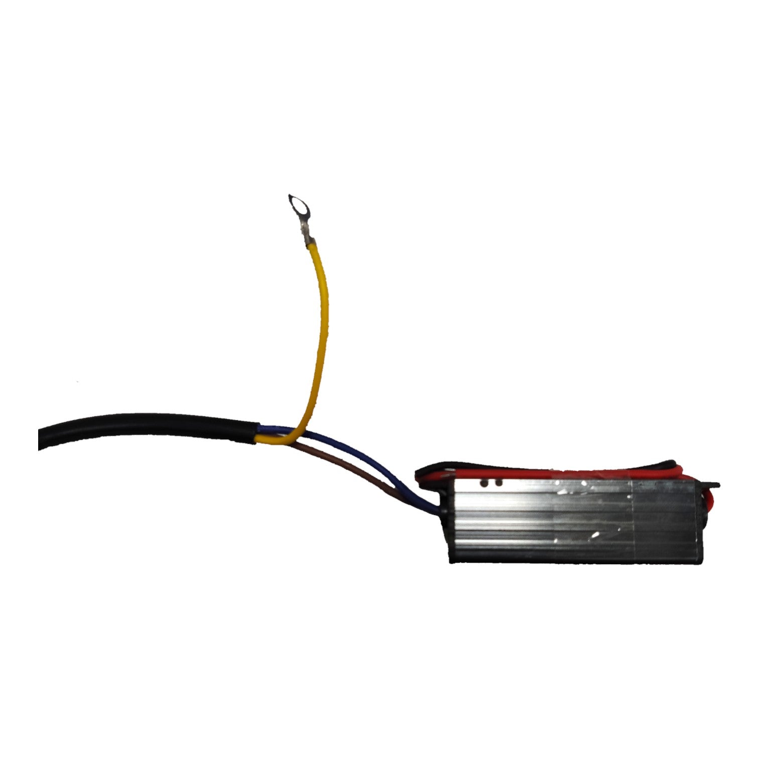 A silver aluminum electronic controller or motor driver with attached wires, including a prominent yellow wire with a ring terminal, a black cable, and red and blue wires, shown on a plain white background.