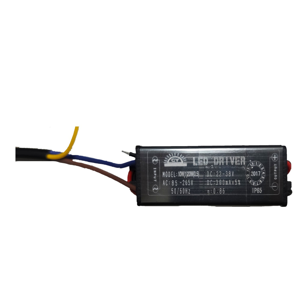 A black LED driver module with three wires (yellow, blue, and brown) on one end and technical specifications printed on the side, shown against a plain white background.
