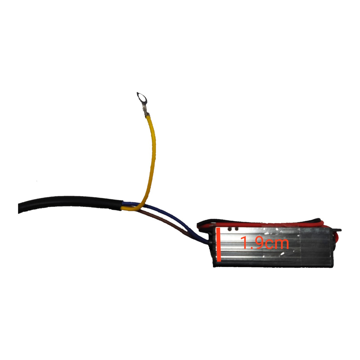 A small rectangular metal battery pack with attached wires, including a yellow loop lead and red/black leads, shown on a plain white background. Red text on the battery reads '1.