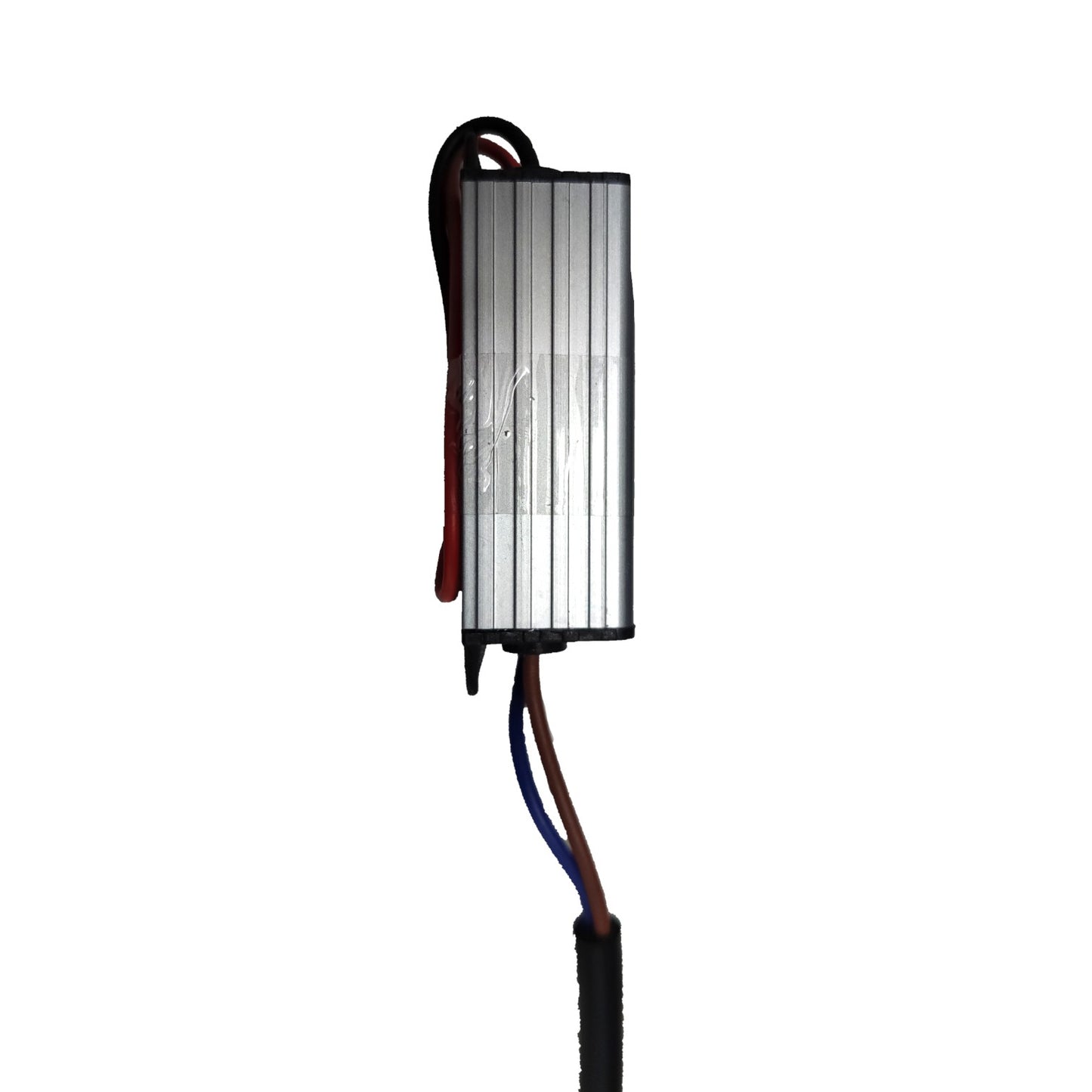A silver aluminum rectangular electronic controller or motor driver with black casing, featuring red, blue, and brown wires extending from the bottom, set against a plain white background.