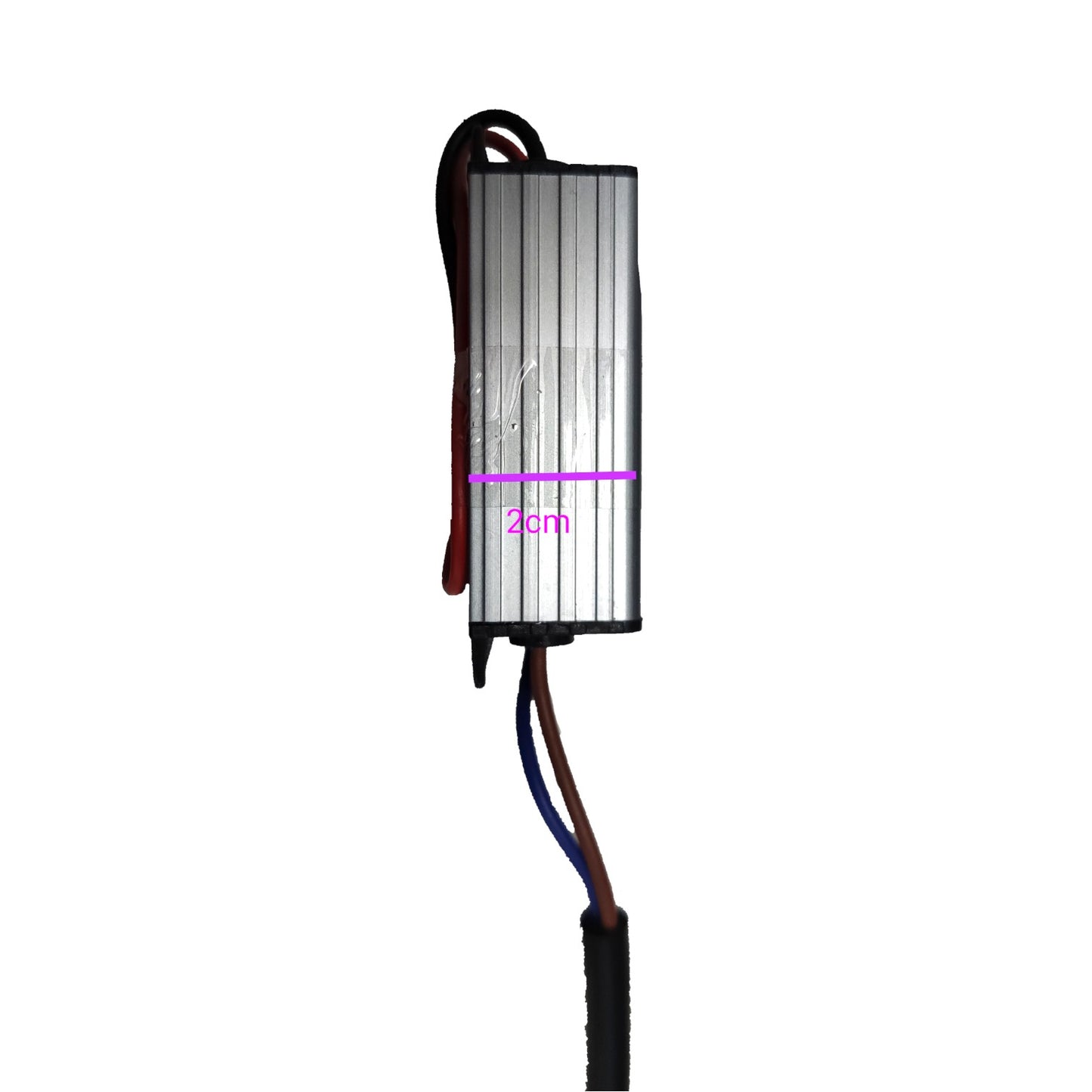 A silver aluminum rectangular electronic controller with black wires, featuring a purple measurement overlay indicating a width of 3cm, set against a plain white background.
