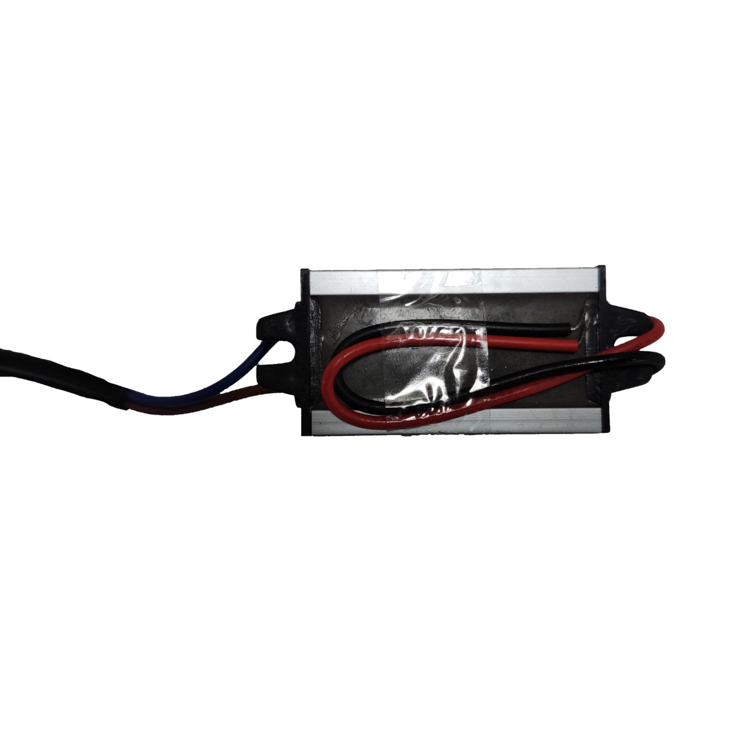 A small rectangular electronic component with a black body, silver metal ends, and attached black and red wires, shown on a plain white background.