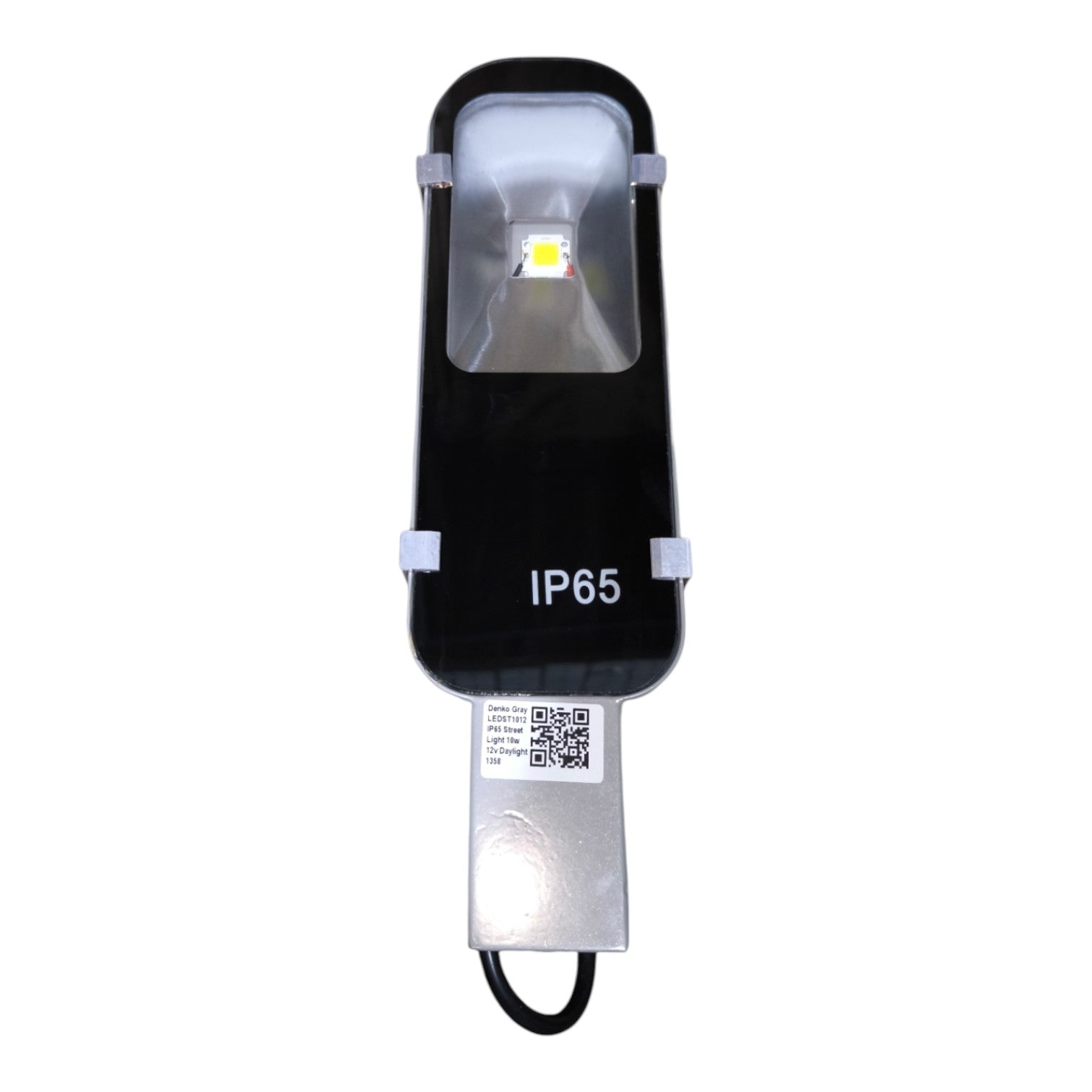 Black LED light bulb with IP65 rating on a white background