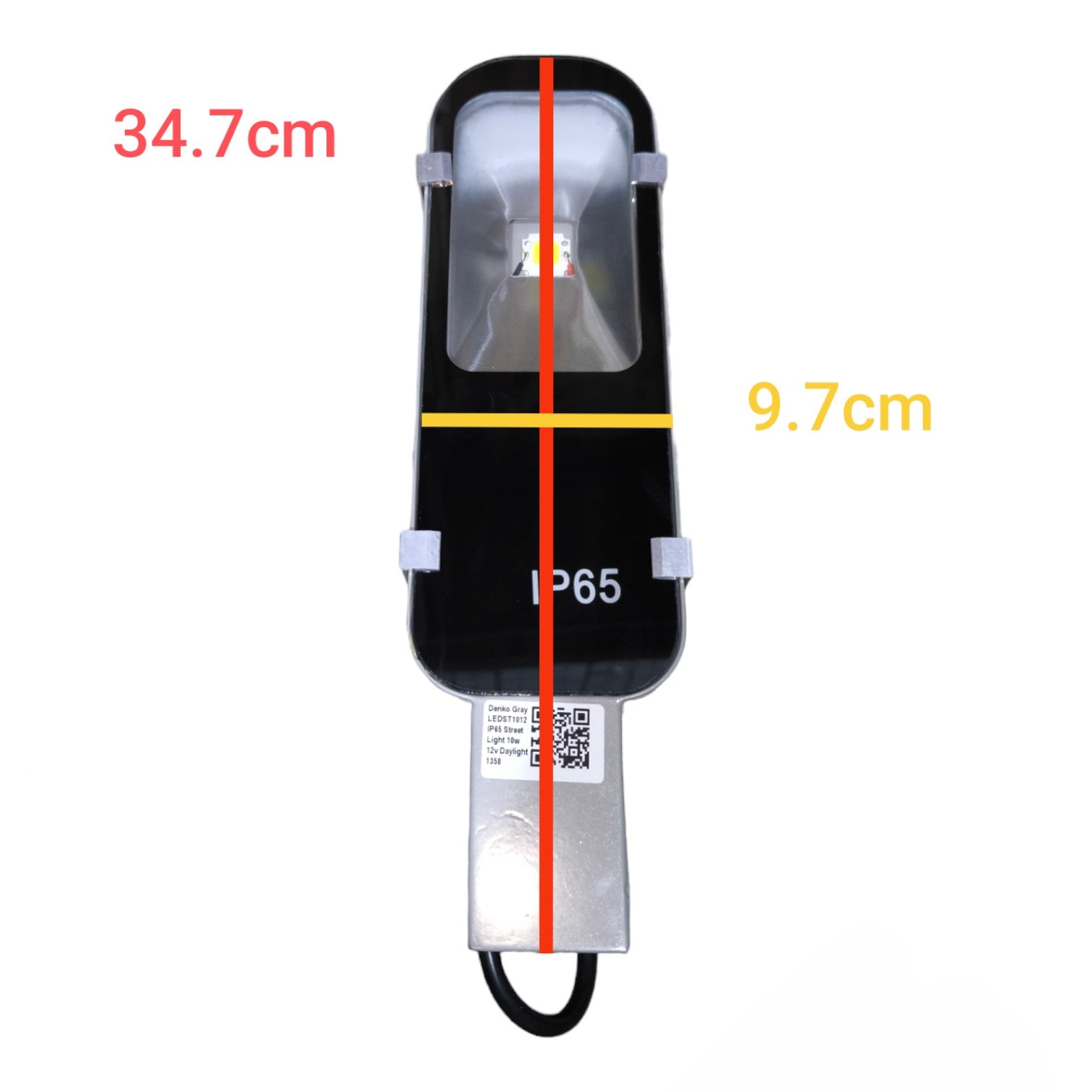 LED light bulb with measurements on a white background