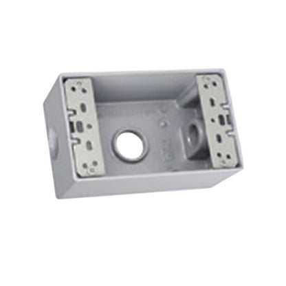 A gray plastic electrical junction box with a central circular hole and two side terminal blocks, shown on a plain white background.