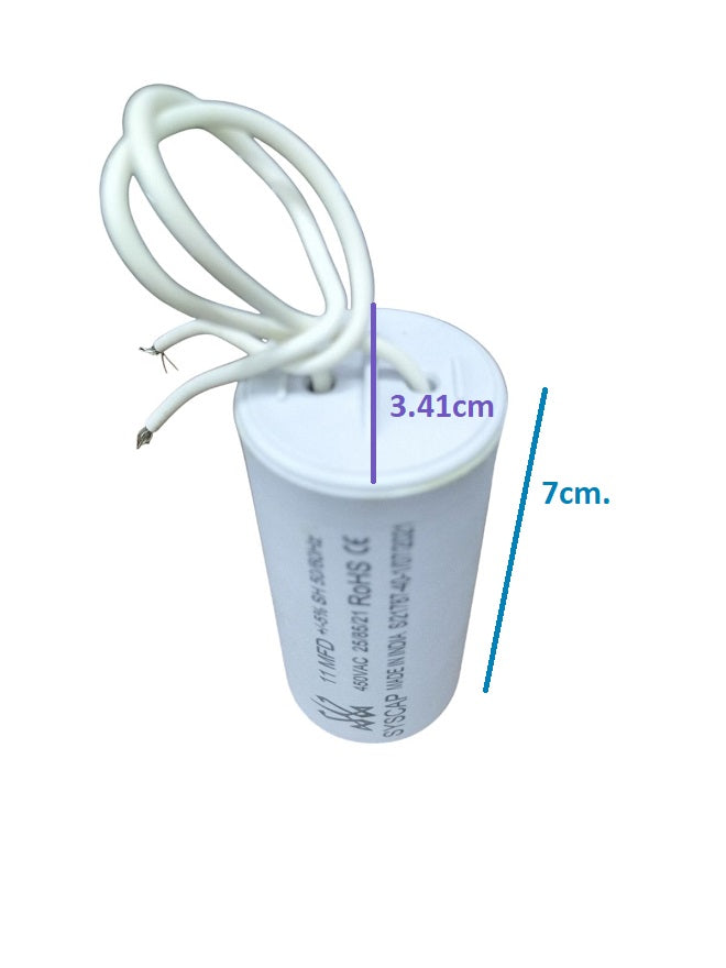 Syscap 11MFD 450 VAC Running Capacitor white cylindrical electrical component with attached wires