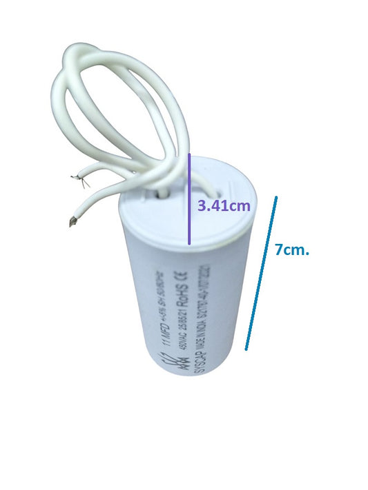 Syscap 11MFD 450 VAC Running Capacitor white cylindrical electrical component with attached wires