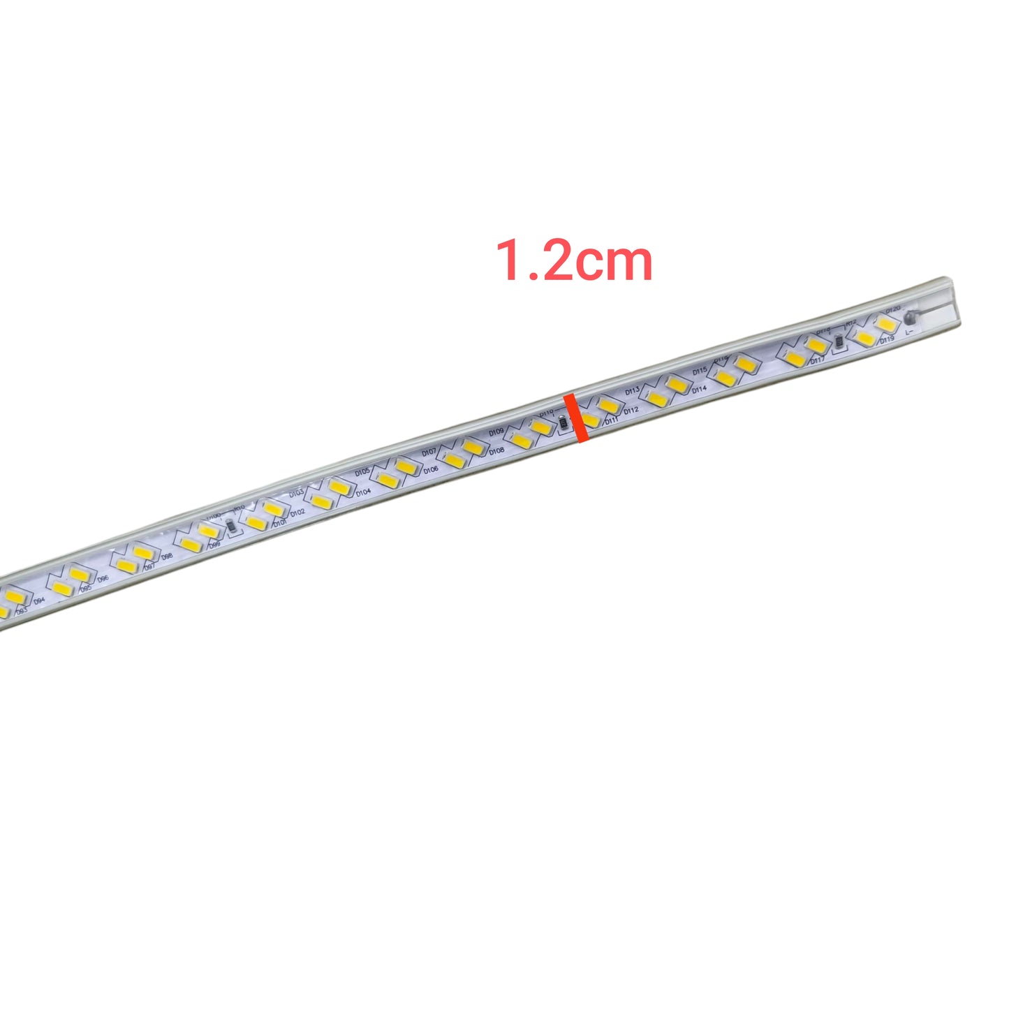 120LED warm white LED strip light 220V Clear Body showing close-up of LED chips in clear casing