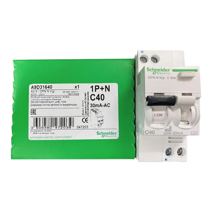 Schneider 40A 1P+N 30mA 240Vac Residual Current Circuit Breakers RCBO Miniature Type with Overload Protection A9D31640