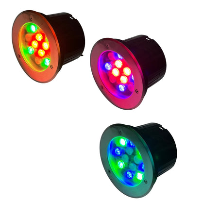 Three colorful LED lights on a white background