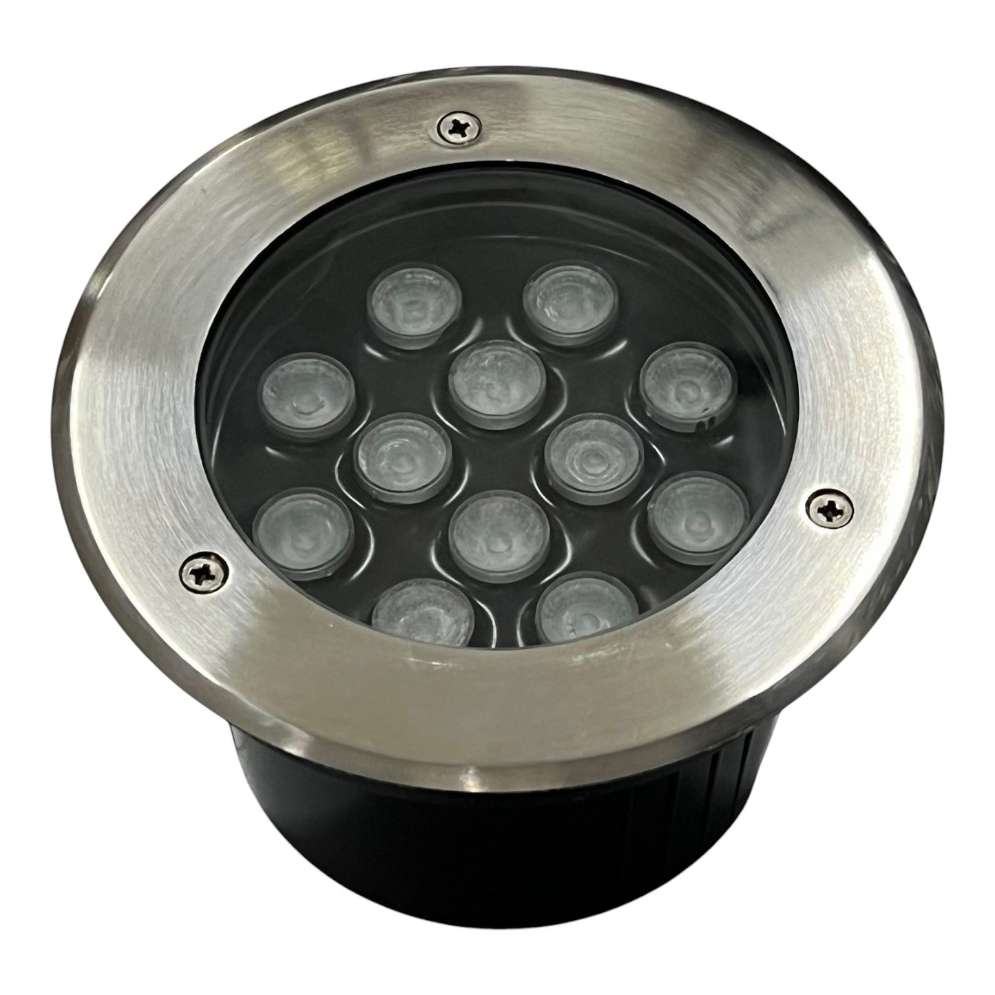 Round outdoor light fixture with metallic rim and black interior on a white background
