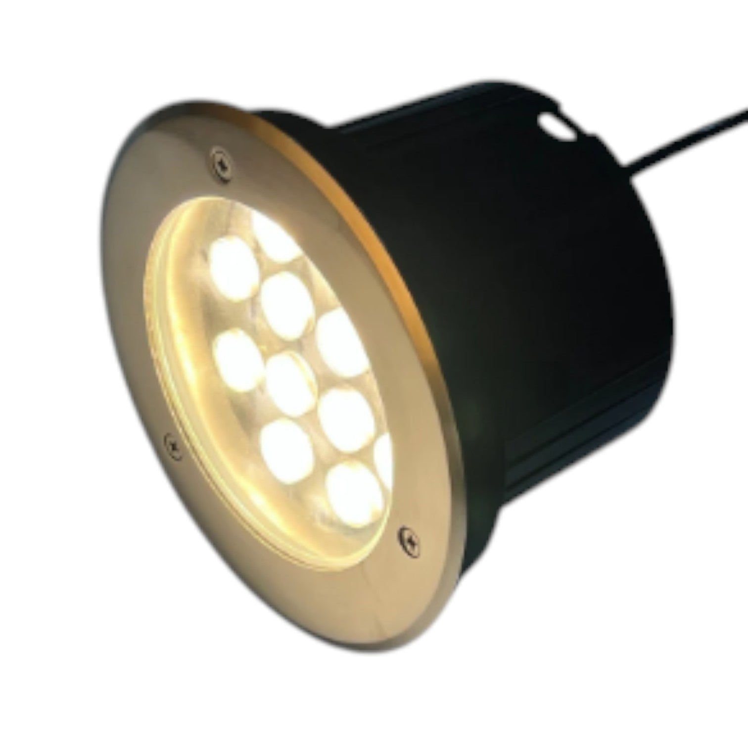 Black outdoor light fixture with illuminated interior on a white background