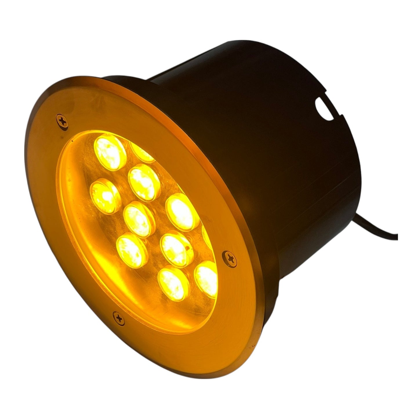 Yellow LED light fixture on a white background