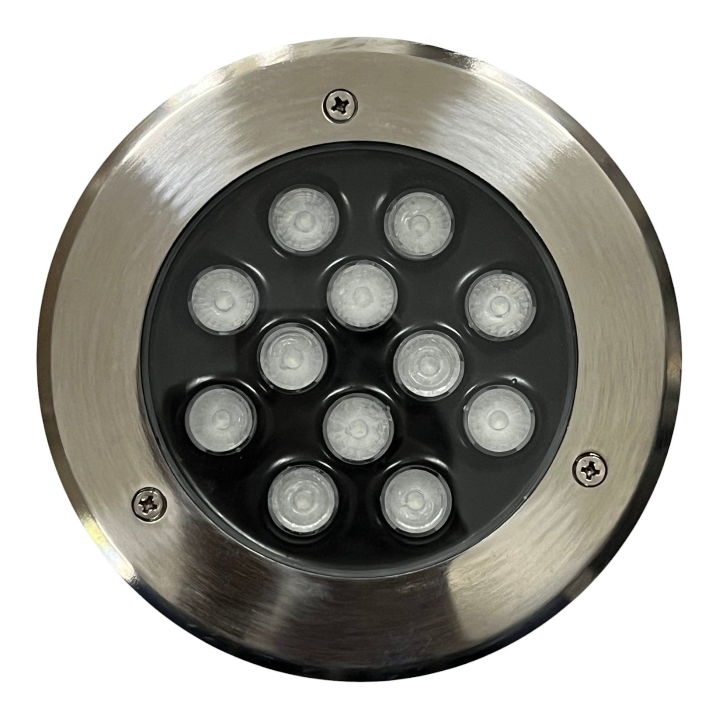 Round metallic outdoor light fixture with multiple LED lights on a white background