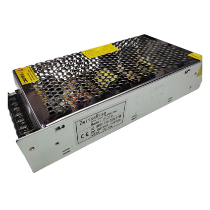 ZwitseRise 12V 10A DC switching power supply with a durable metal casing and ventilation holes