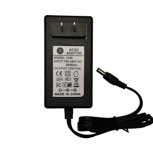 Grippes 12V DC 3A power adapter with input 100-240V AC and output jack for various devices