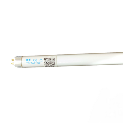 Orbik and Starlux green T5 fluorescent lighting 14W slim tube with bipin connectors and manufacturer label on white background