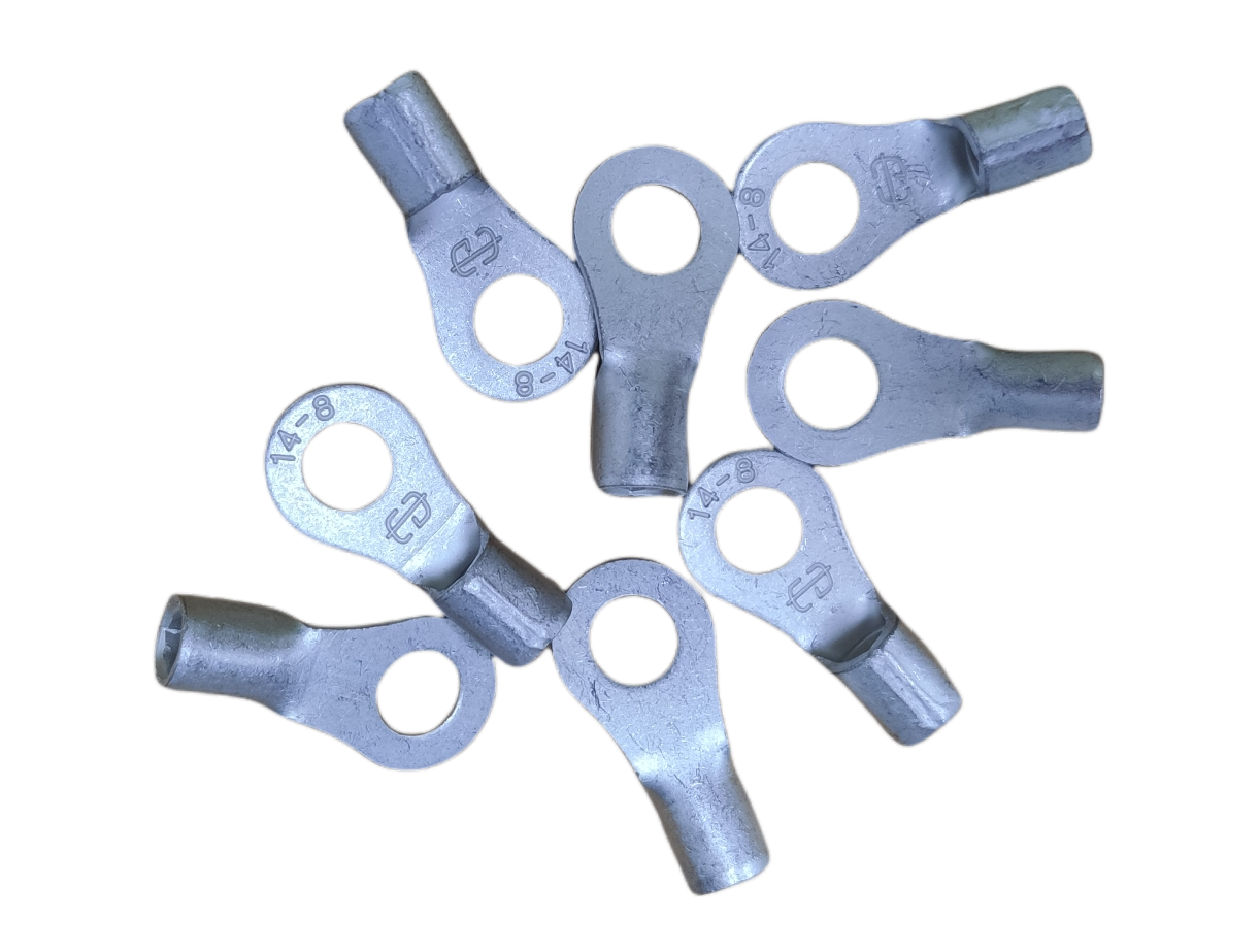 Pack of 14mm ring terminal lugs in silver color with angled ends for electrical connections