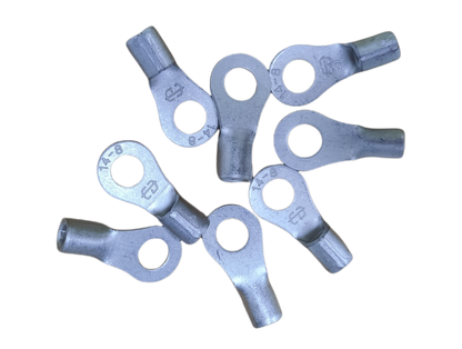 Pack of 14mm ring terminal lugs in silver color with angled ends for electrical connections