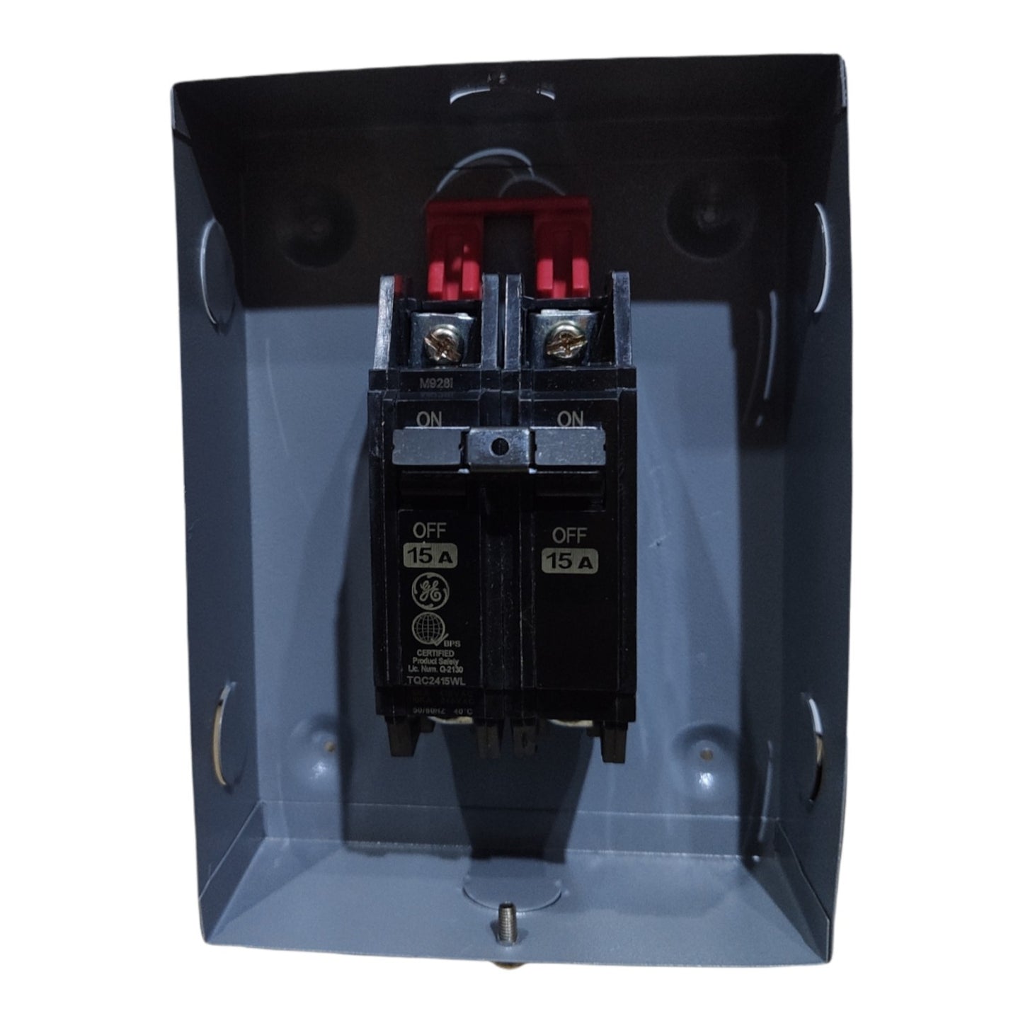 Electrical breaker panel with GE circuit breakers on a white background 40A 2pole Bolt On circuit Breaker with Nema 1 Metal Enclosure available at Electx Electrical SUpply