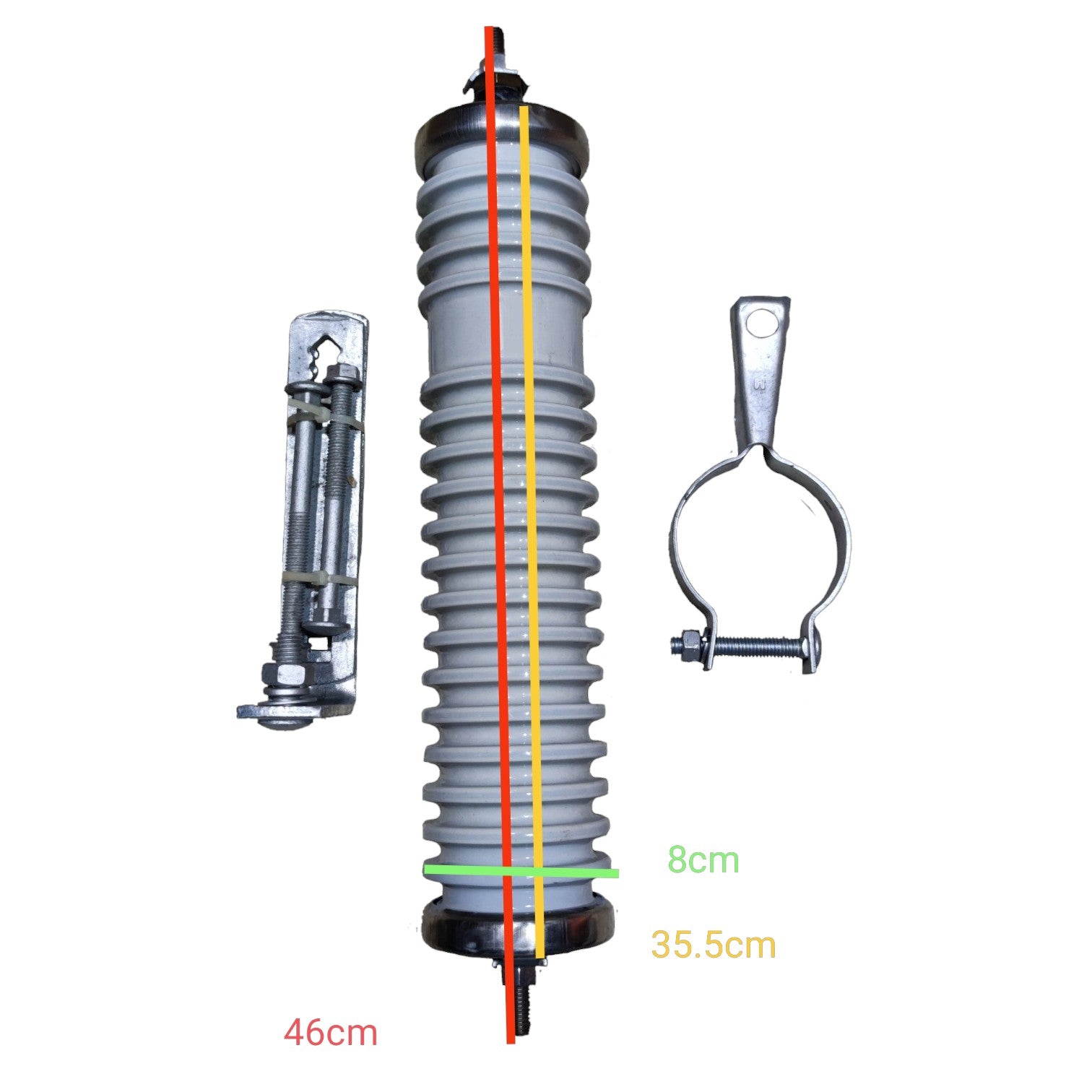 An electrical insulator assembly shown on a white background, featuring a gray ribbed cylindrical body, a metal clamp piece, and a metal rod piece. Red, yellow, green, and orange dimension lines with text labels '46cm', '8cm', and '35.