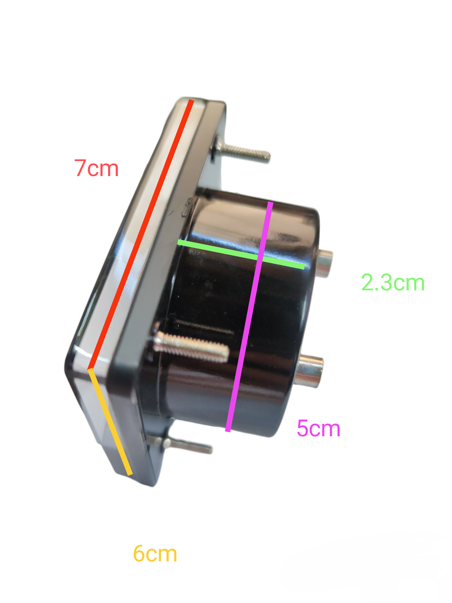Lion 15A DC Panel Meter 60 x 70mm with black casing and metal mounting studs