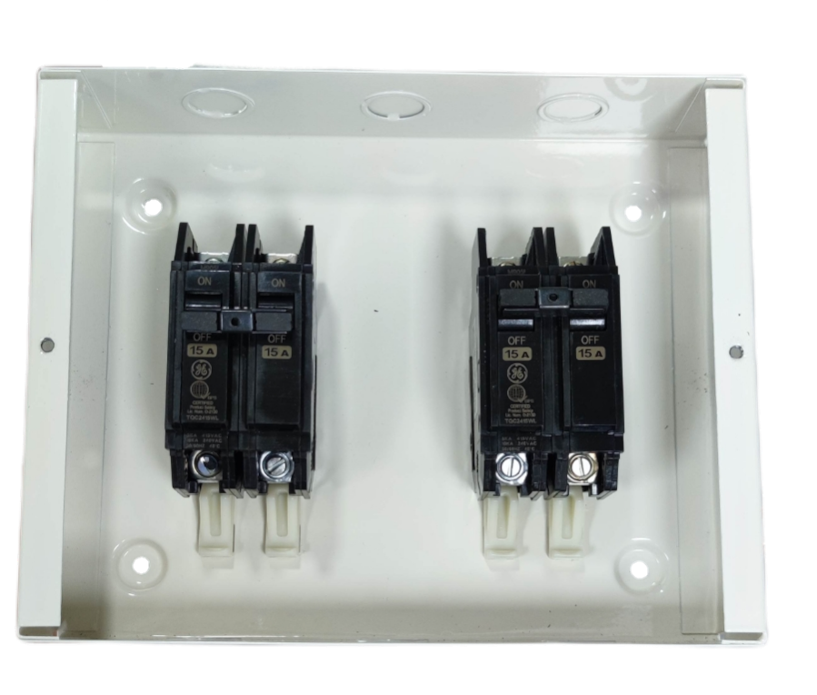 15A DPDT manual transfer switch electrical circuitry and parts by GE and Koten in white enclosure