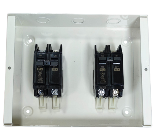 15A DPDT manual transfer switch electrical circuitry and parts by GE and Koten in white enclosure