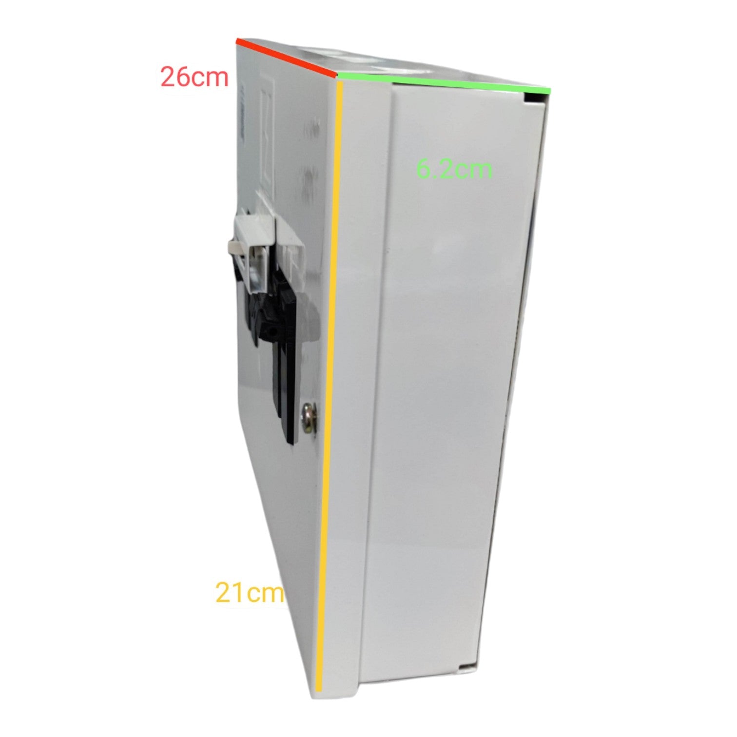 15A DPDT manual transfer switch with dimensions 26cm x 21cm x 6.2cm for electrical applications