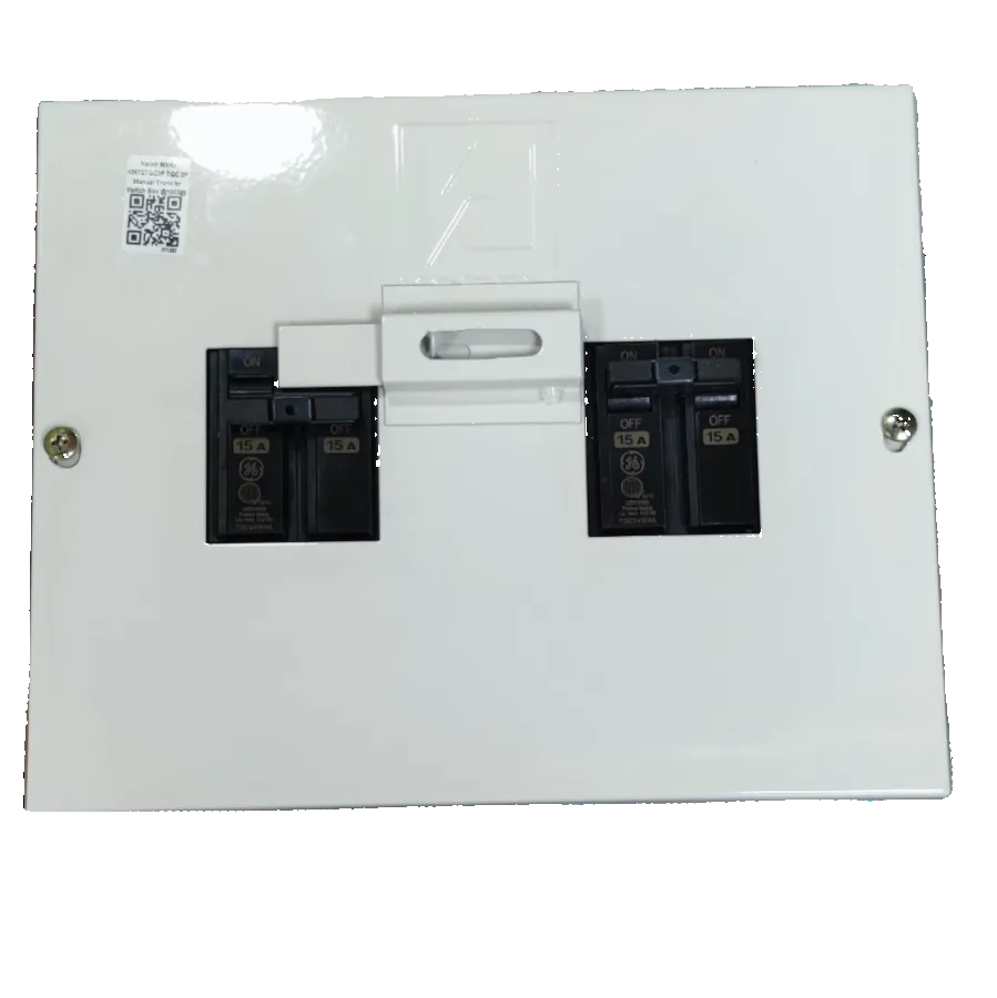 15A DPDT manual transfer switch mounted on a white panel with two toggle switches