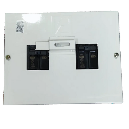 15A DPDT manual transfer switch mounted on a white panel with two toggle switches